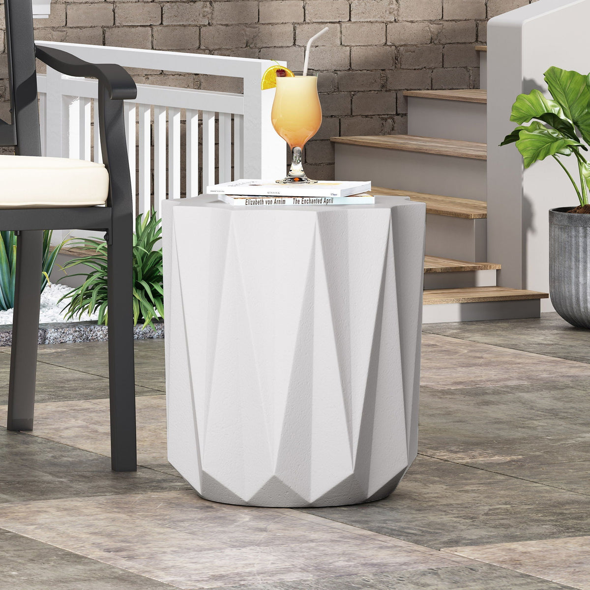 Star-Top Outdoor Lightweight Concrete Side Table – Antique White, view 4