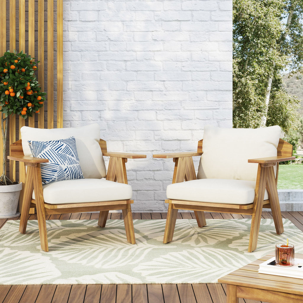 Outdoor Acacia Wood Club Chairs With Cushions (Set of 2) - Teak / Beige, view 12