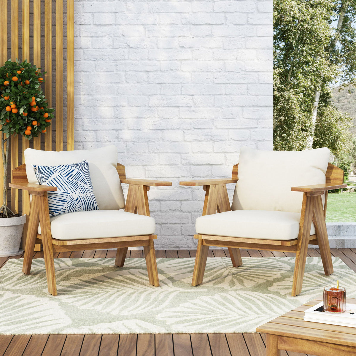Outdoor Acacia Wood Club Chairs With Cushions (Set of 2) - Teak / Beige, view 12