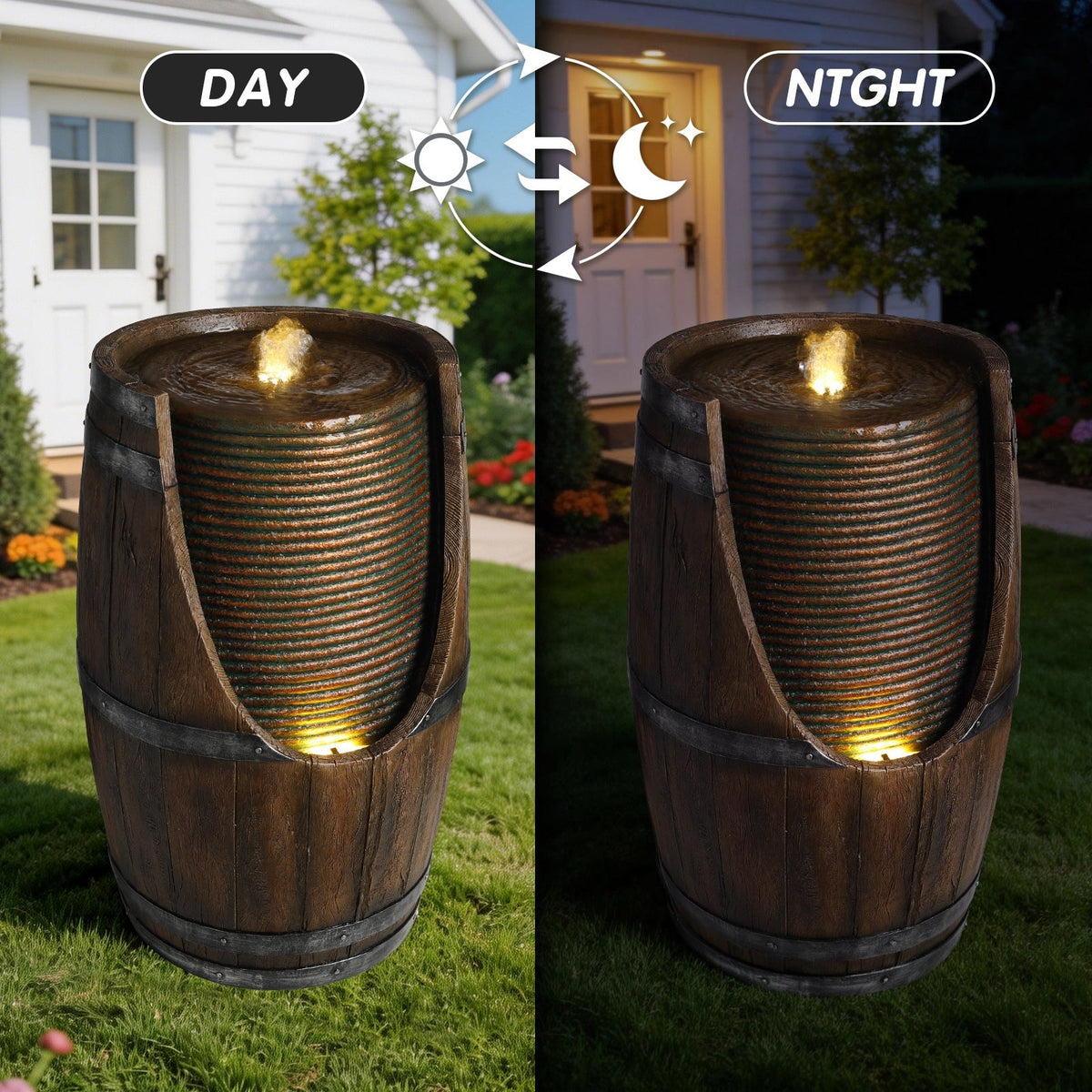 Outdoor Barrel Water Fountain with Rustic Wood Look Resin, view 2