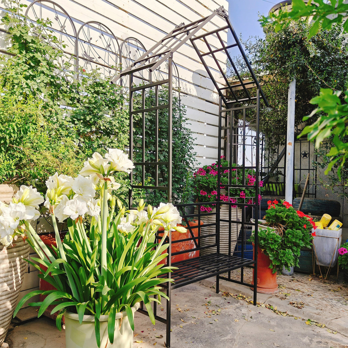 Metal Garden Arch with Bench Turned into Flower Stand, view 10
