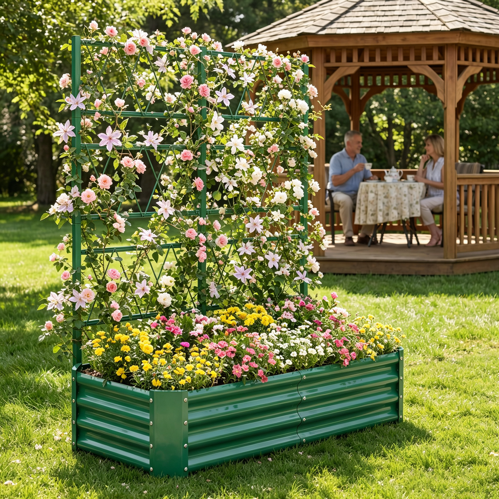4x2x1FT Raised Garden Bed with Arch Trellis – Olive Green, Tool-Free, view 3