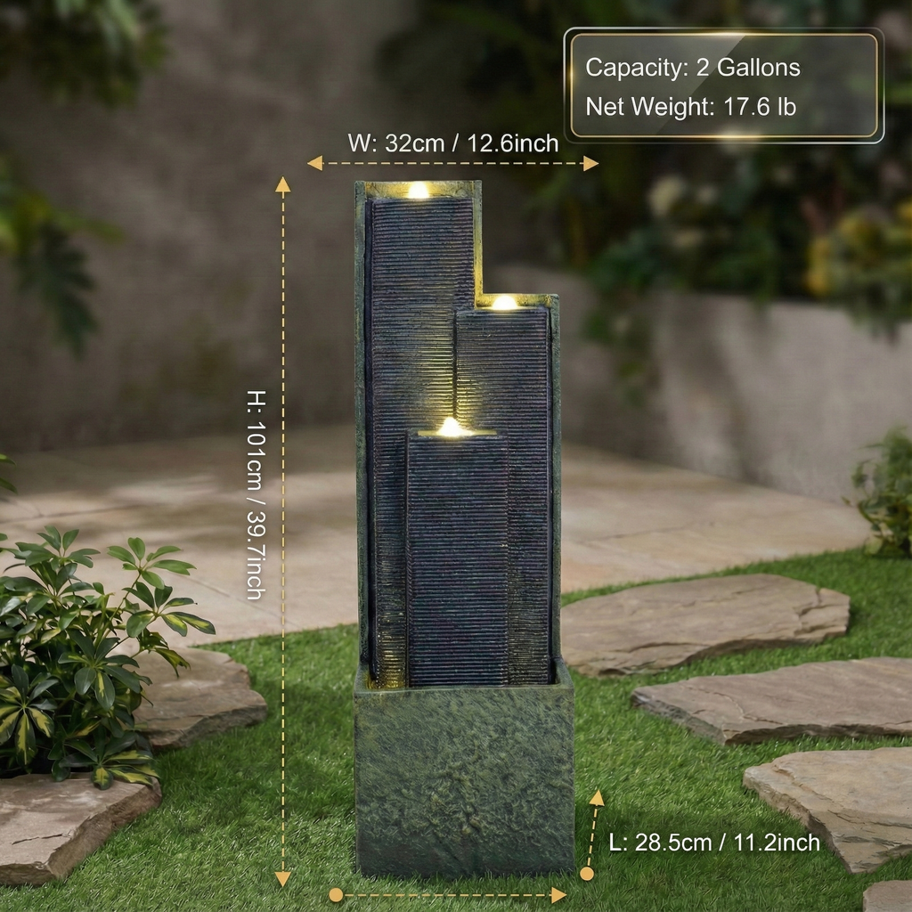 39" H Outdoor Water Fountain Modern Cascading Freestanding Fountain with LED Lights for Garden Patio Porch, view 3