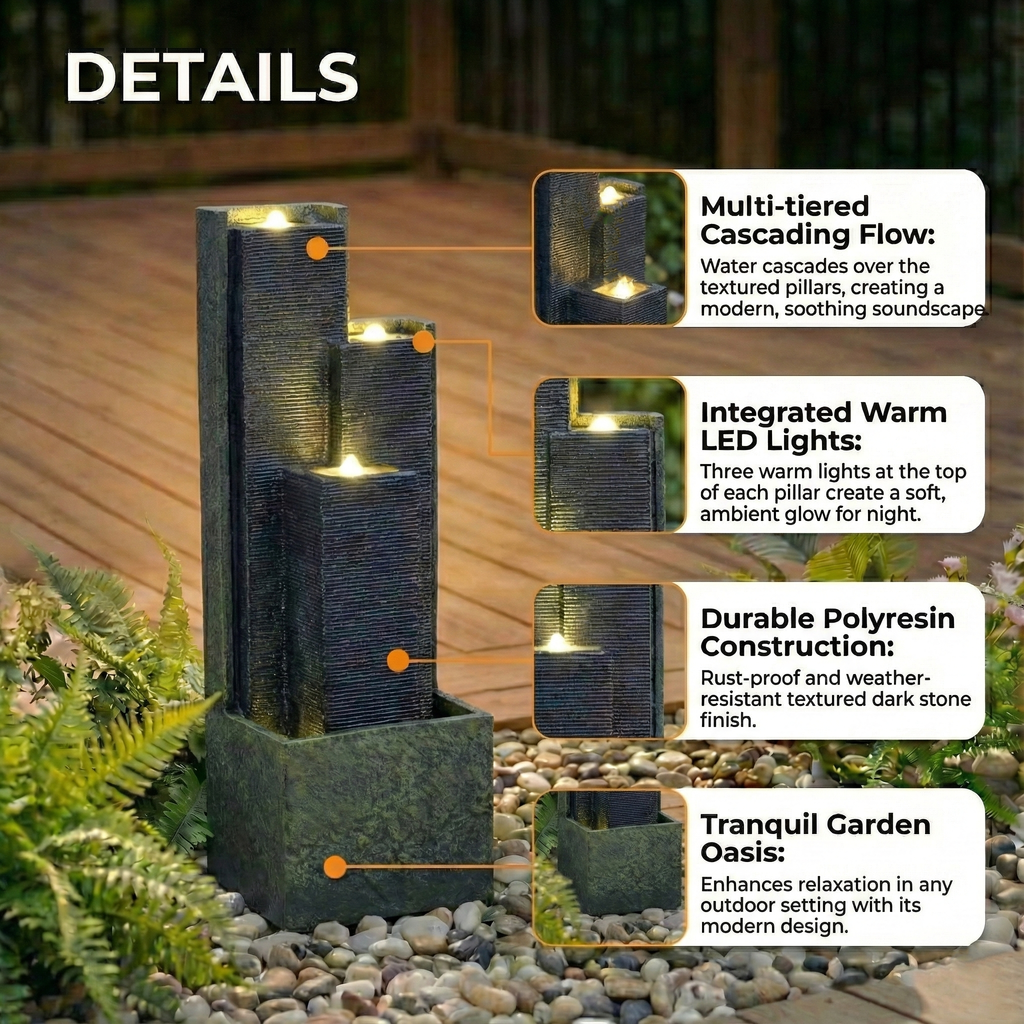 39" H Outdoor Water Fountain Modern Cascading Freestanding Fountain with LED Lights for Garden Patio Porch, view 5