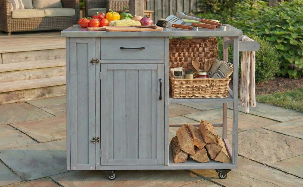 Outdoor Kitchen Island Fir Wood Prep Station with Stainless Steel Top