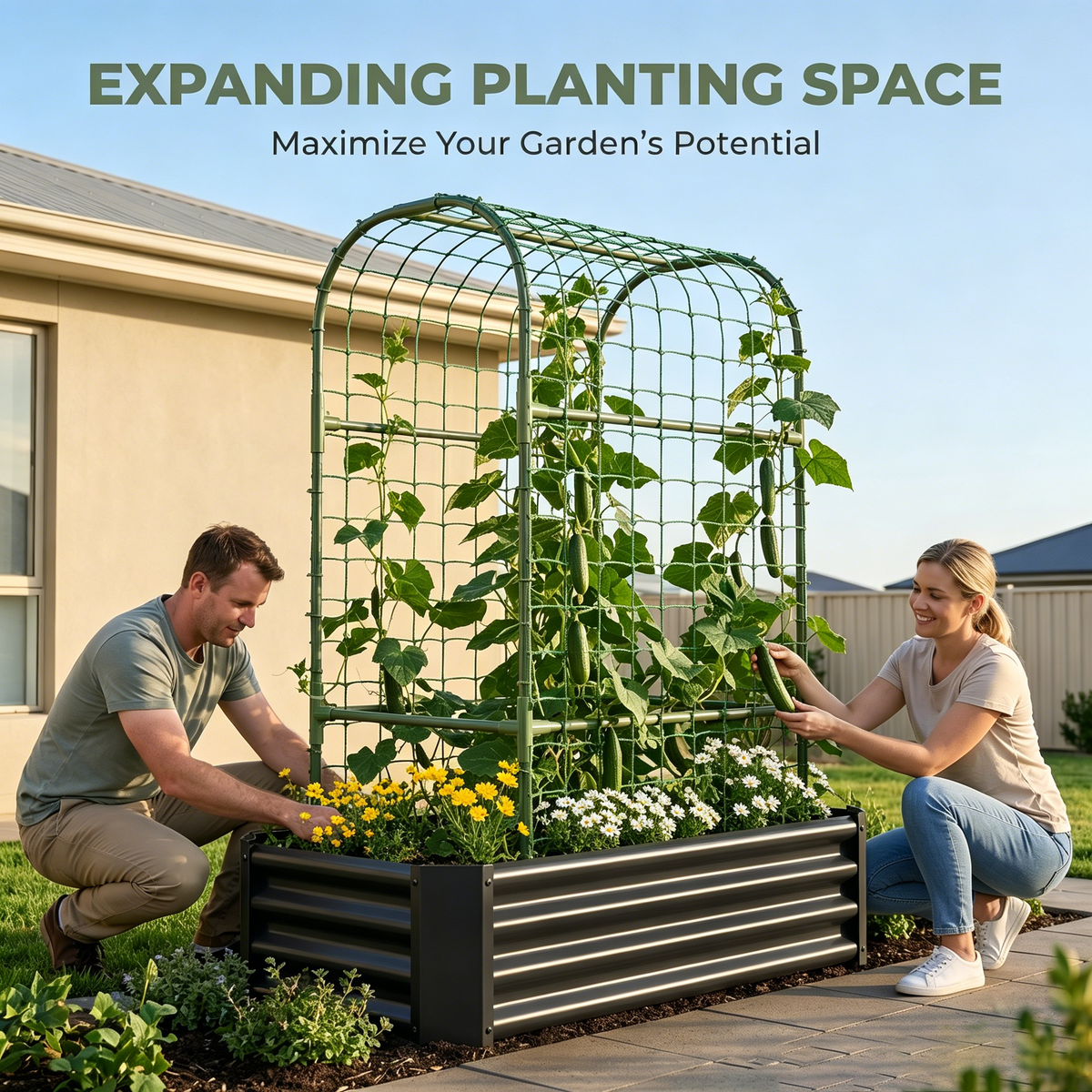 2-in-1 Raised Garden Bed with Trellis - 4x2x1 Ft Outdoor Planter, view 5