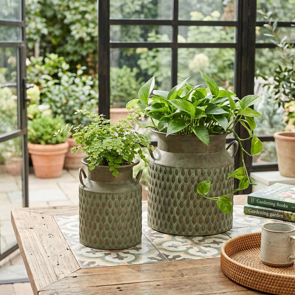 S/2 Iron Milk Jug Planters with Textured Green Finish, view 5