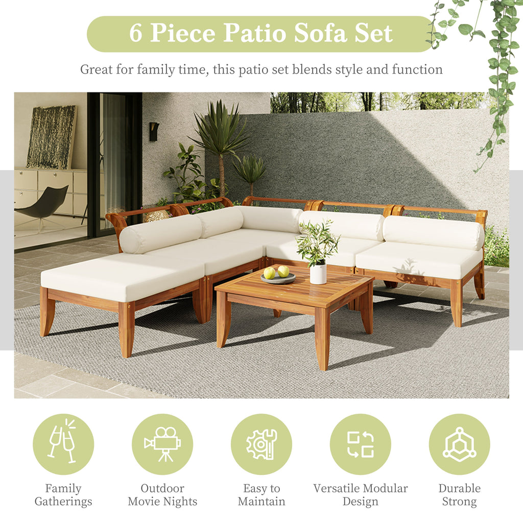 6 Piece Acacia Wood Outdoor Modular Sectional with Daybed and Tea Table, view 5