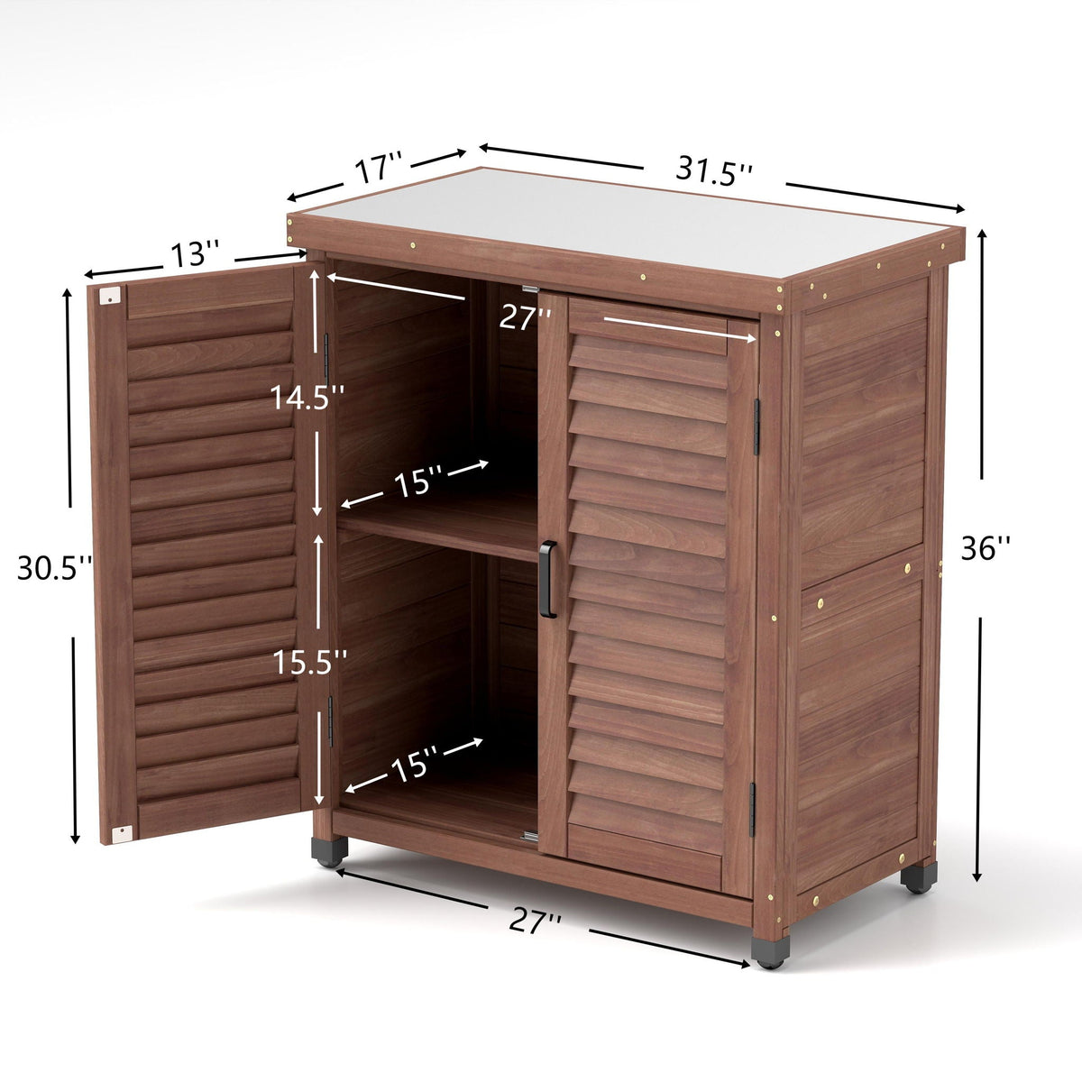 Potting Bench With Storage Cabinet And Metal Table Top For Outdoor