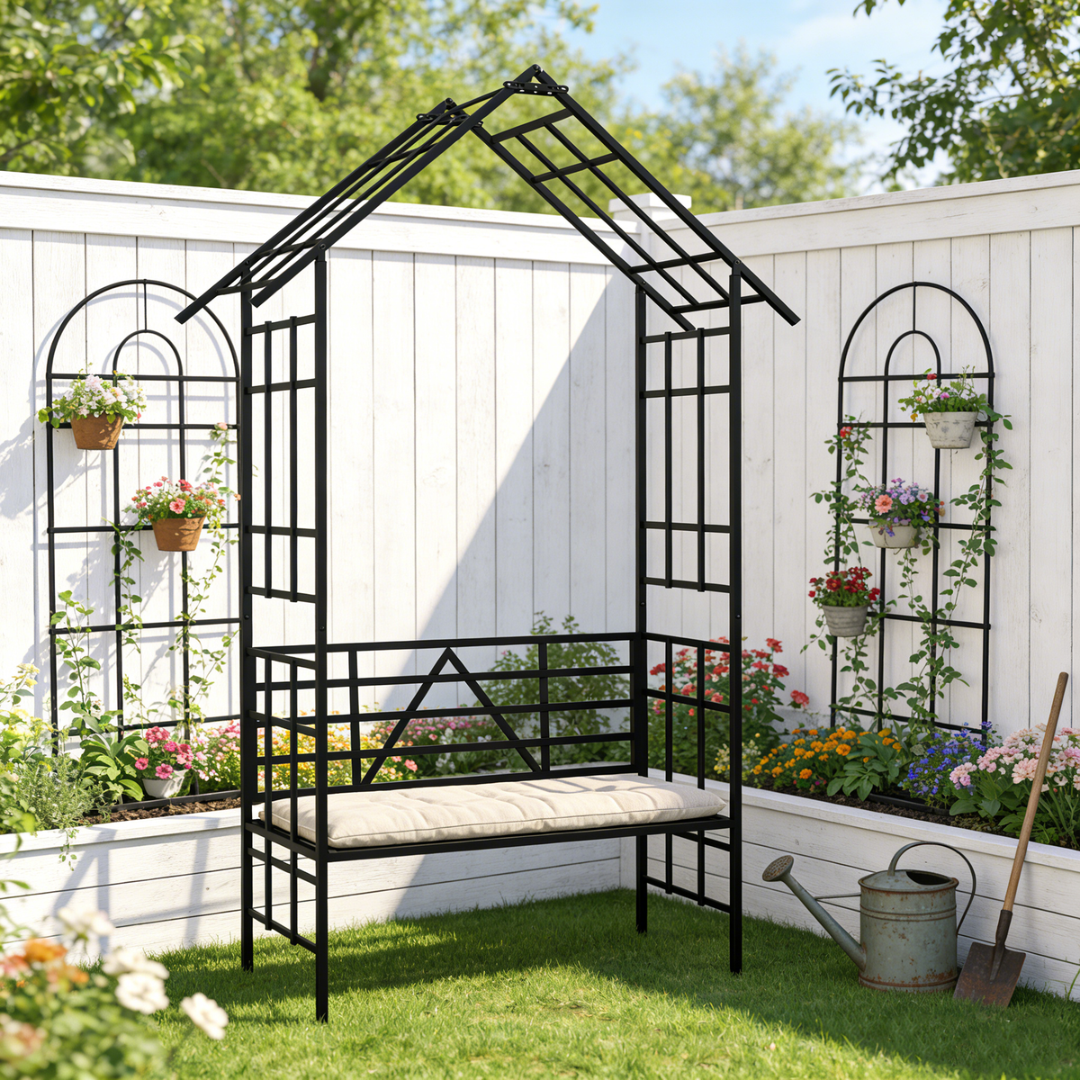 Metal Garden Arch with Bench Turned into Flower Stand, view 8