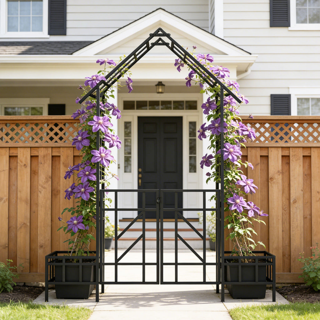 Metal Garden Arch with Gate and Planter for Climbing Plants, view 4