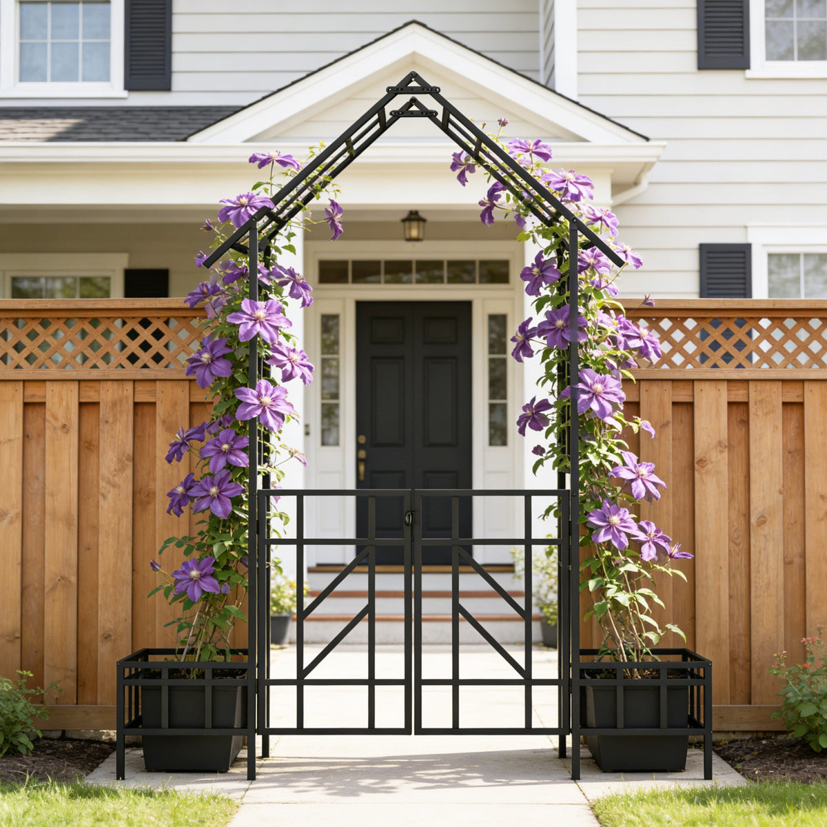 Metal Garden Arch with Gate and Planter for Climbing Plants, view 4