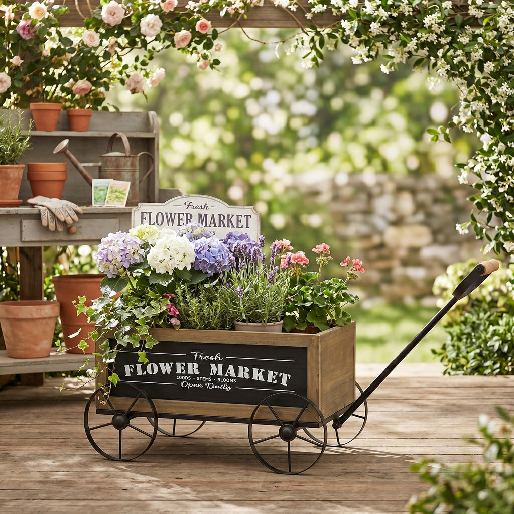 16.5x9.5x8" Rustic Wooden Wagon Planter with Flower Market Sign, view 7
