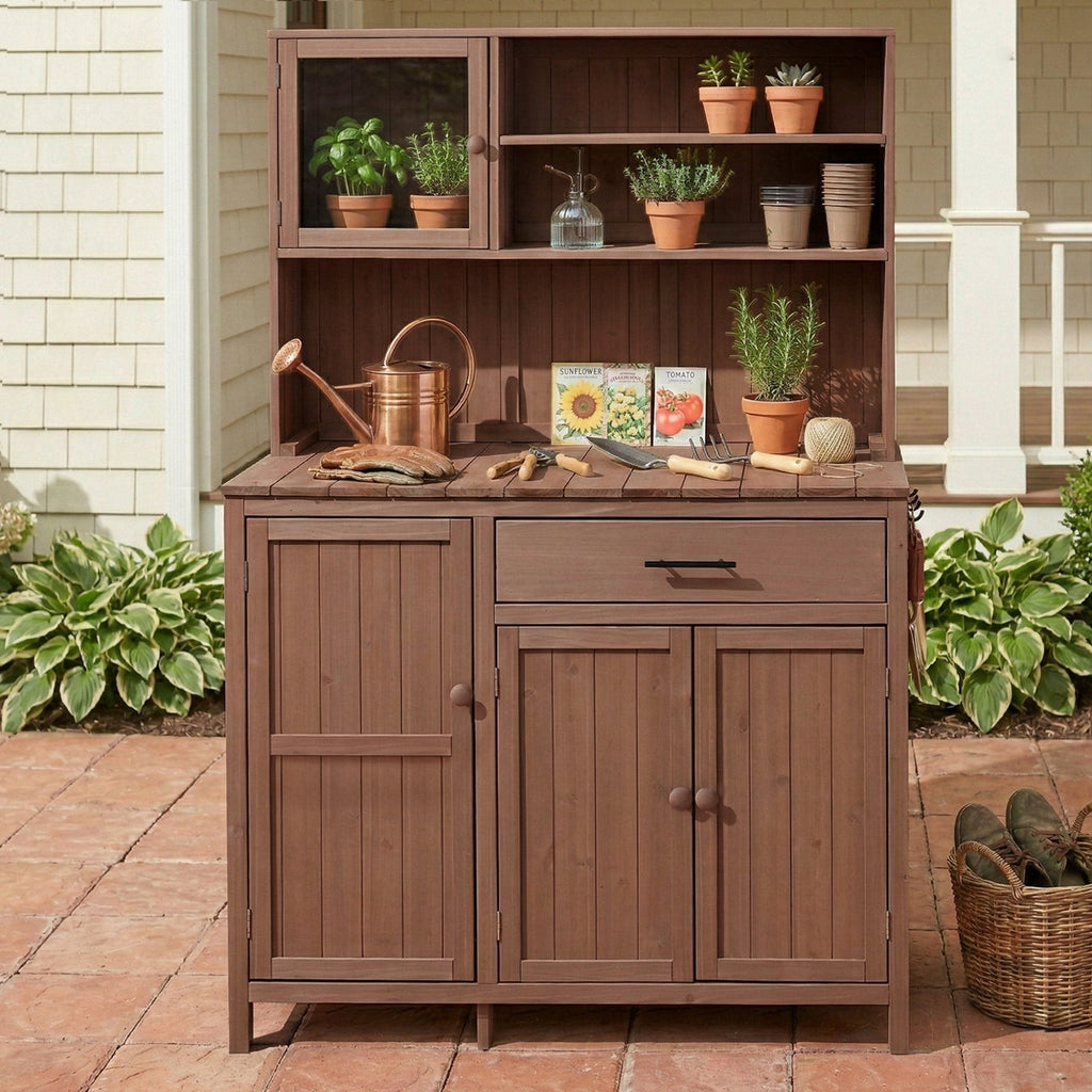 TOPAMX Potting Bench with Hutch, Solid Fir Wood Garden Workstation, view 9