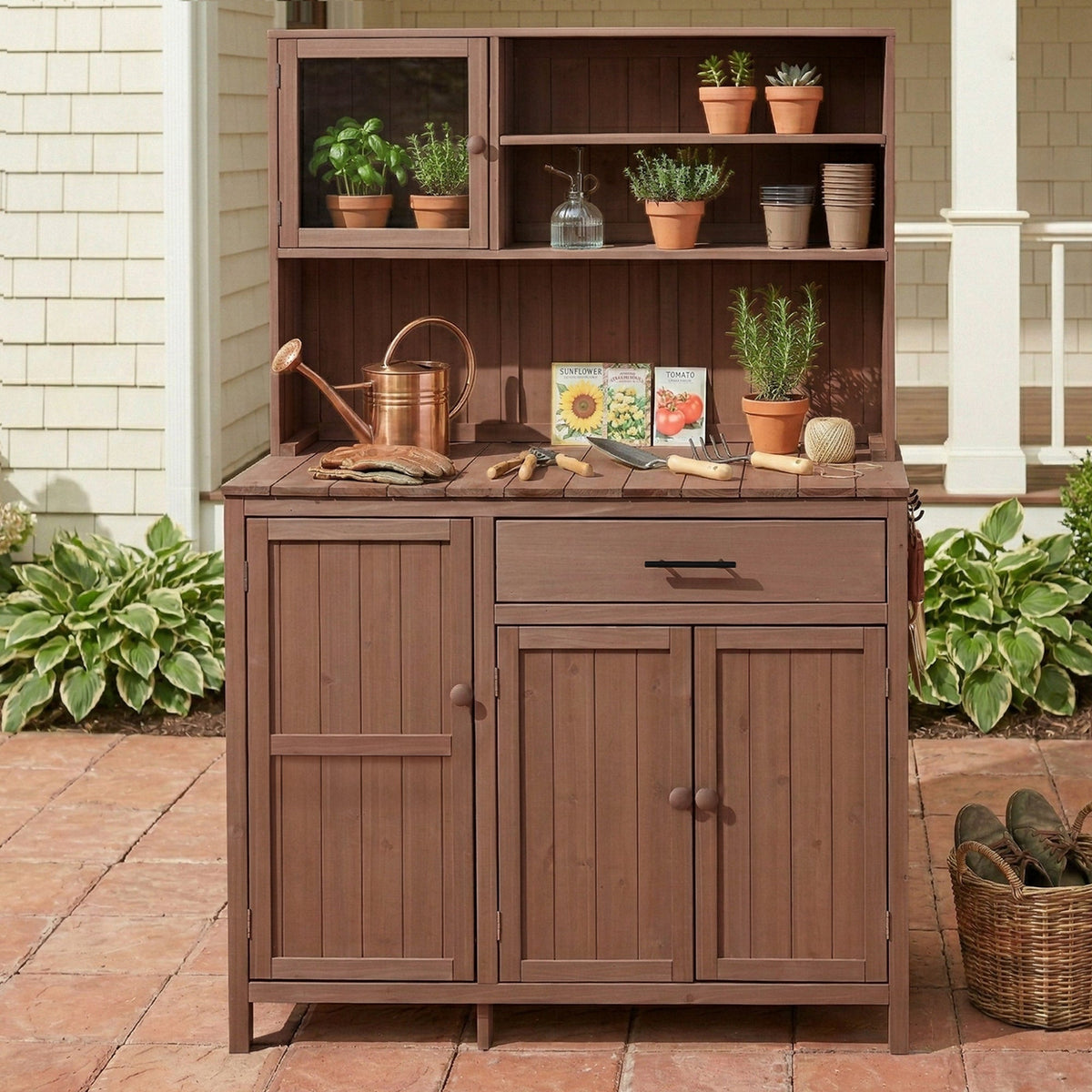 TOPAMX Potting Bench with Hutch, Solid Fir Wood Garden Workstation, view 9