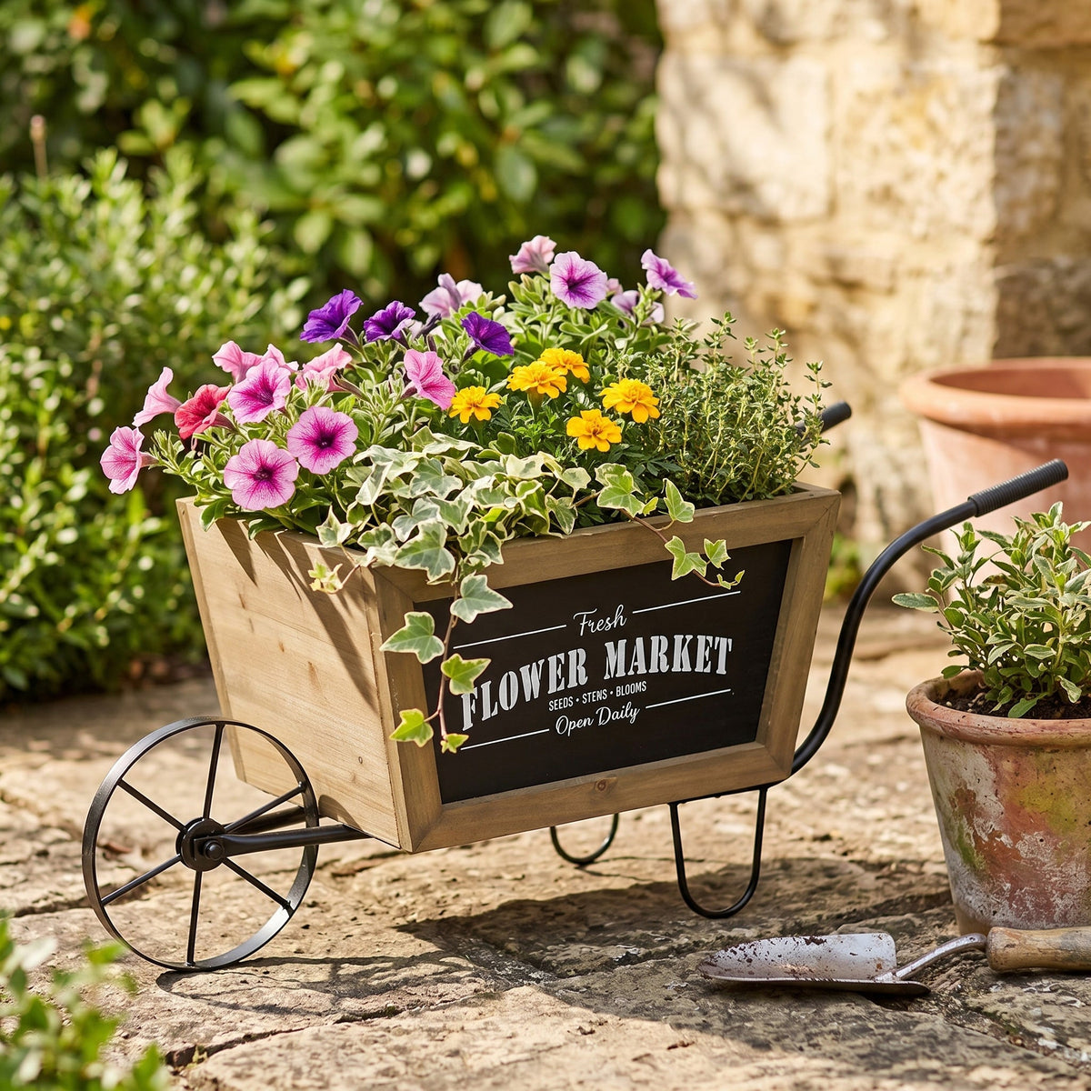 Farmhouse Wheelbarrow Planter with Flower Market Sign, view 7