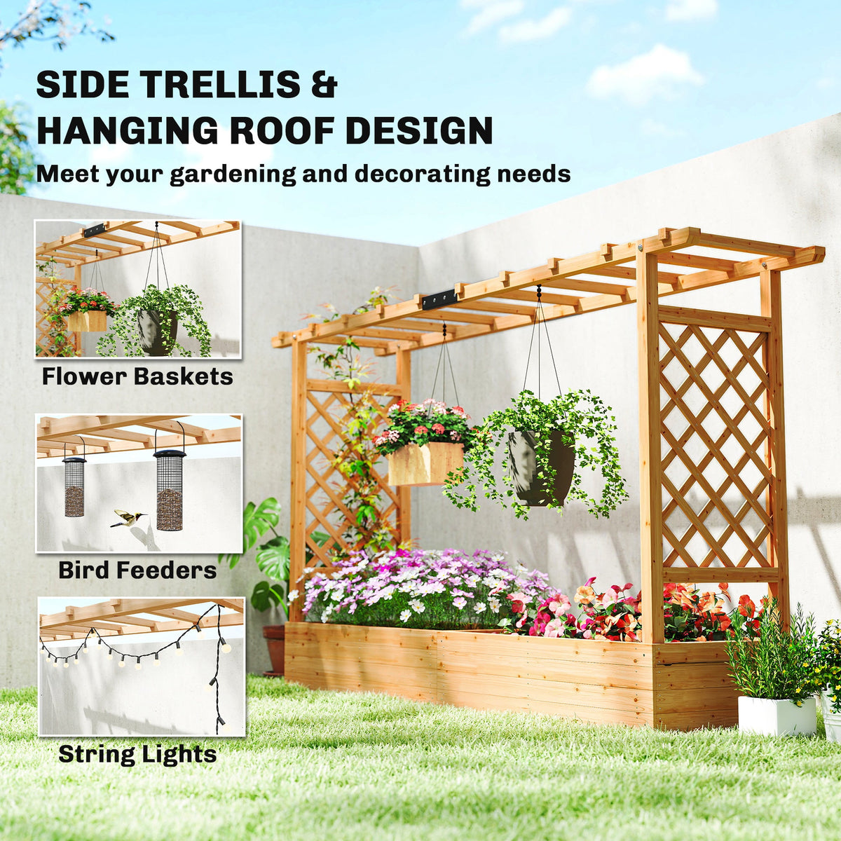 Wood Raised Garden Bed with Trellis - Large Outdoor Planter Box
