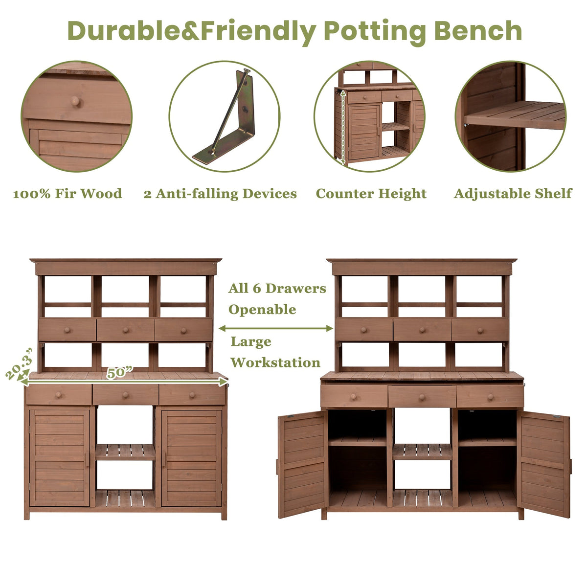 Rustic Fir Wood Potting Bench Table with Hutch – 65.7" Tall, view 4