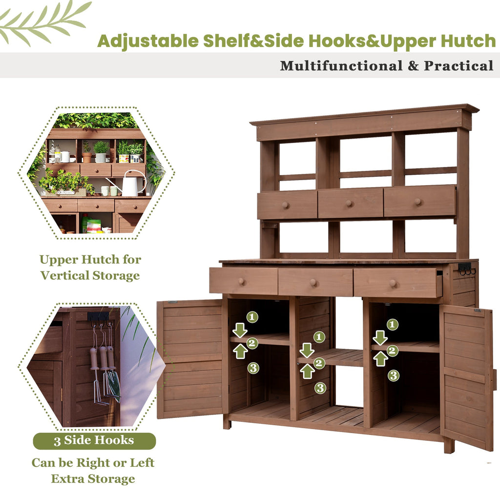 Rustic Fir Wood Potting Bench Table with Hutch – 65.7" Tall, view 3