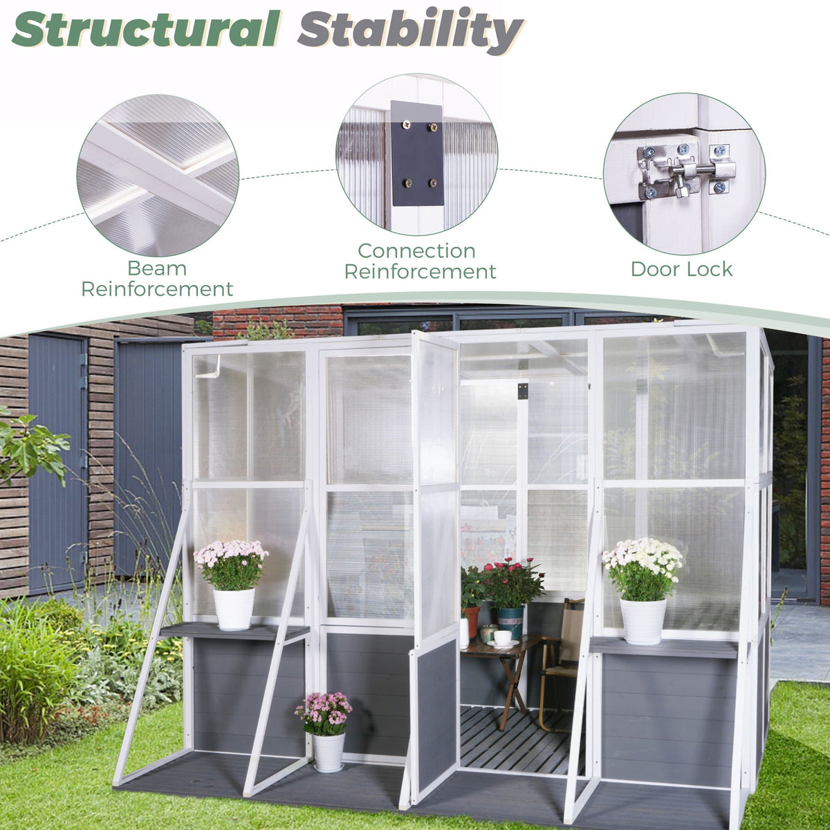 Walk-In Wooden Lean-To Greenhouse, Heavy Duty Polycarbonate - White / Gray, view 7