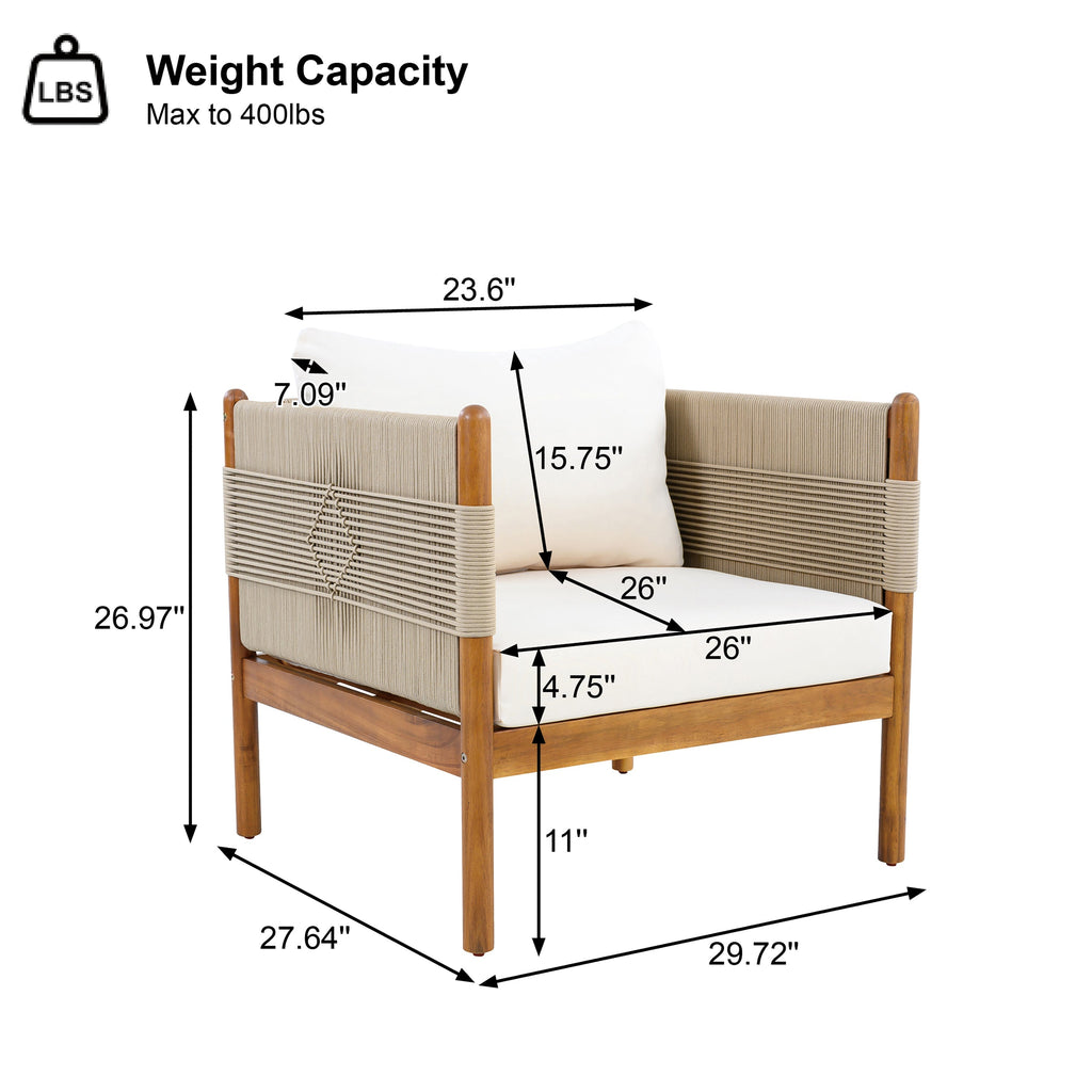 Outdoor Acacia Wood Club Chair with Diamond Rope Weave & Cushions, Teak Finish, view 2