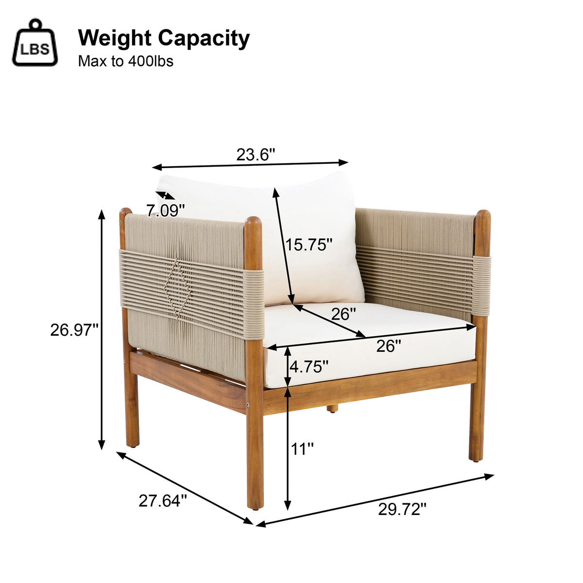 Outdoor Acacia Wood Club Chair with Diamond Rope Weave & Cushions, Teak Finish, view 2