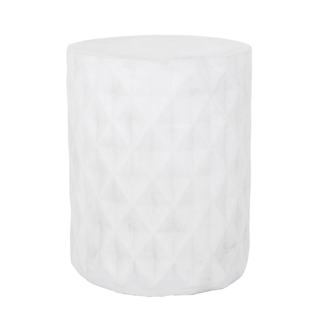 Diamond-Pattern Cylinder Concrete Side Table – Antique White