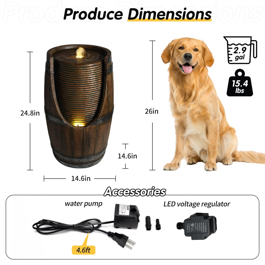 Outdoor Barrel Water Fountain with Rustic Wood Look Resin, view 5