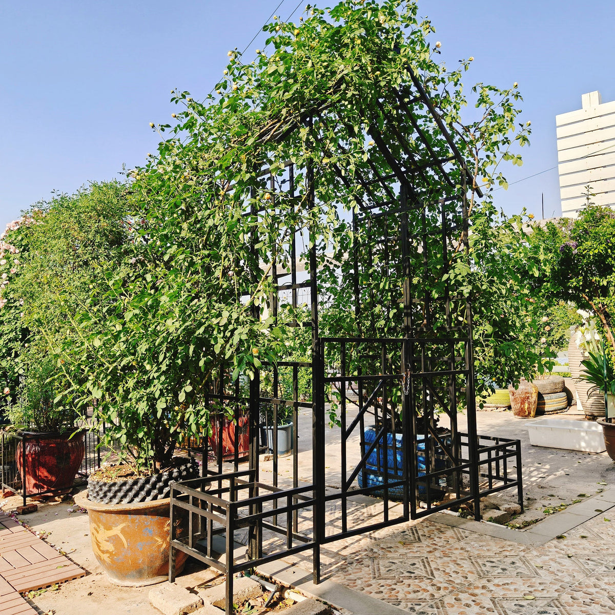 Metal Garden Arch with Gate and Planter for Climbing Plants, view 9