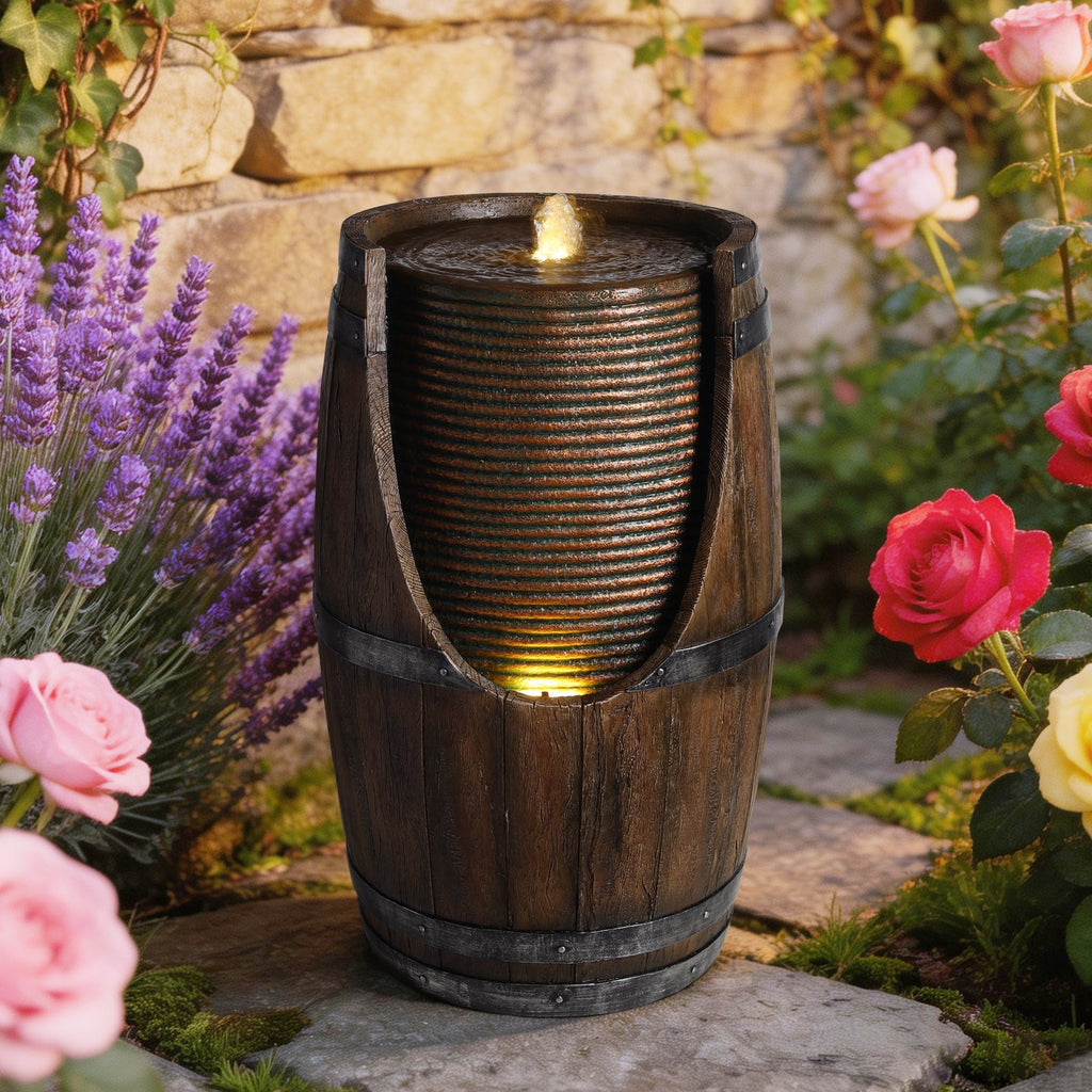 Outdoor Barrel Water Fountain with Rustic Wood Look Resin, view 4