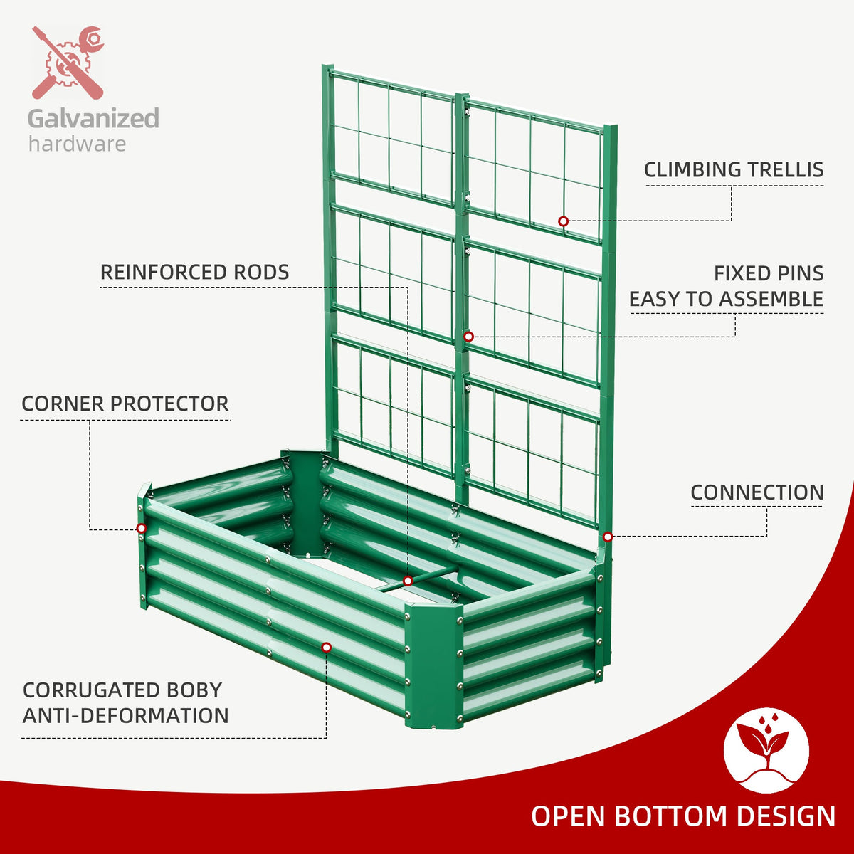 4x2x1FT Raised Garden Bed with Arch Trellis – Olive Green, Rolled Edges, view 8