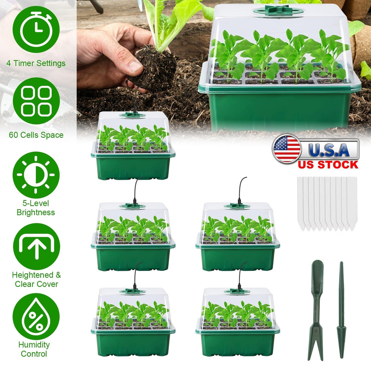 5Packs Seed Starter Tray With Grow Light Humidity Dome Germination Kit with 5-Level Brightness 4 Timers, view 6