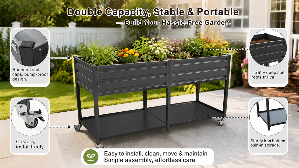Dual Tier Elevated Metal Raised Garden Bed with Lockable Wheels & Lower Storage Shelf, view 9