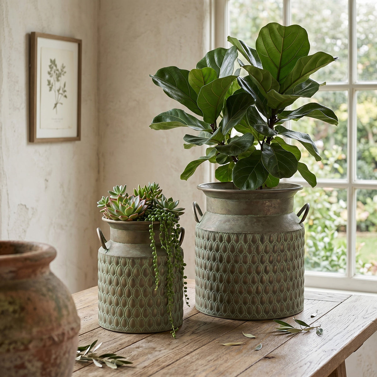 S/2 Iron Milk Jug Planters with Textured Green Finish, view 6