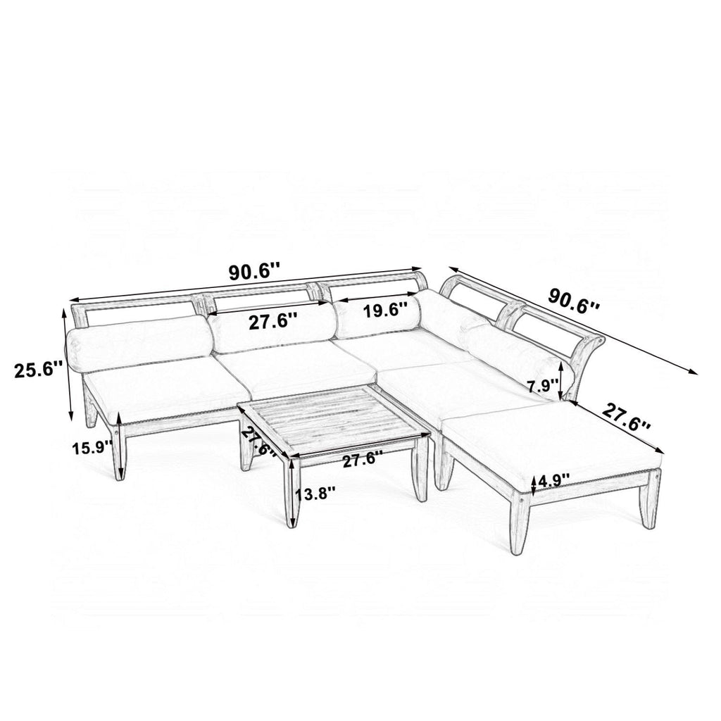 6 Piece Acacia Wood Outdoor Modular Sectional with Daybed and Tea Table, view 3