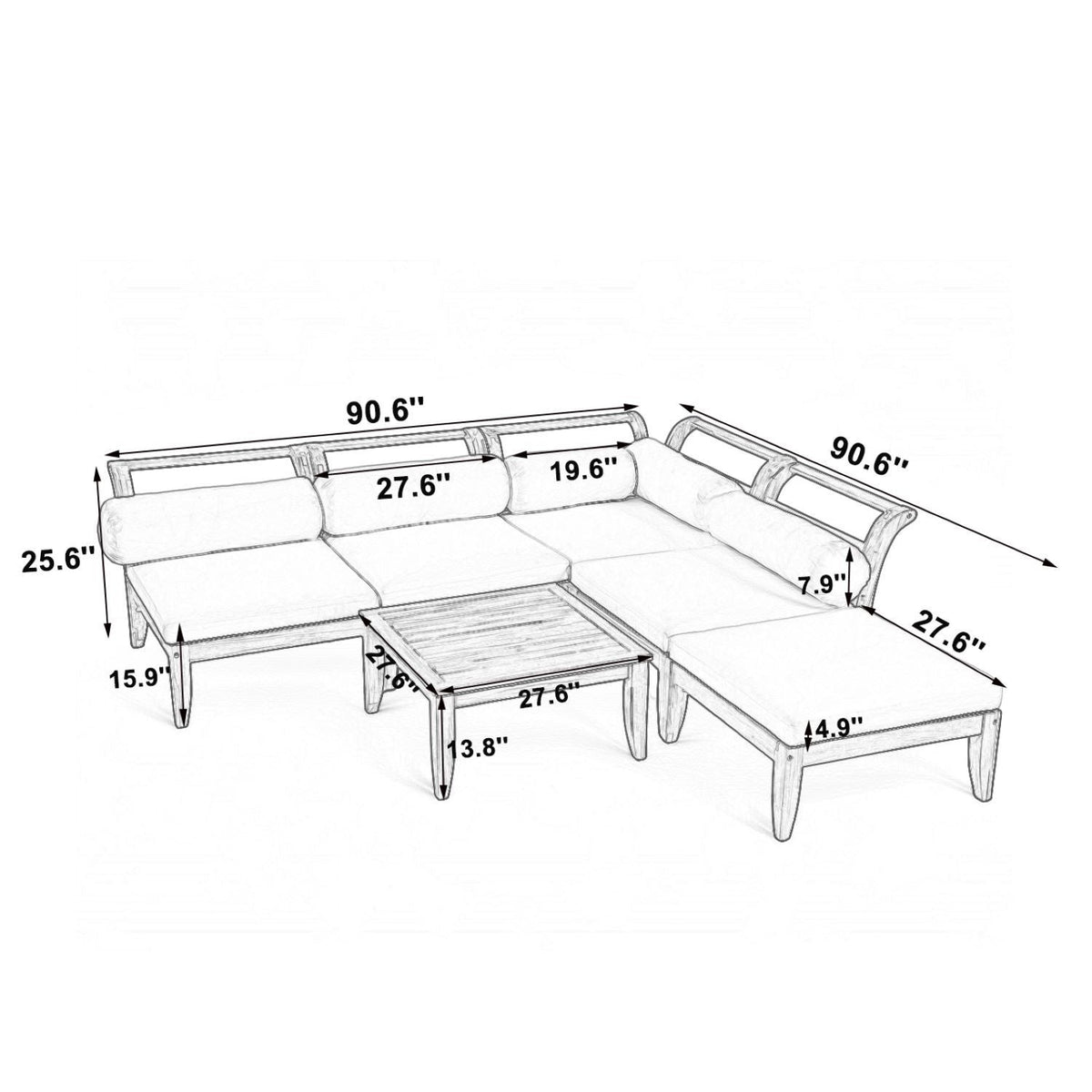 6 Piece Acacia Wood Outdoor Modular Sectional with Daybed and Tea Table, view 3