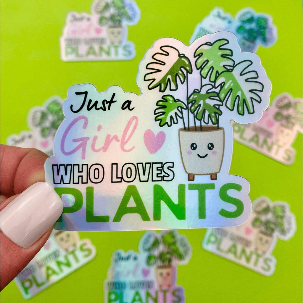 Hologram Kawaii Plant Love Sticker, Girl Who Loves Plants Sticker, Variegated Rare Plant Hologram Sticker, view 2