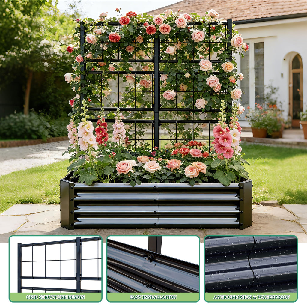4x2x1FT Galvanized Raised Garden Bed with Arch Trellis – Black, view 6