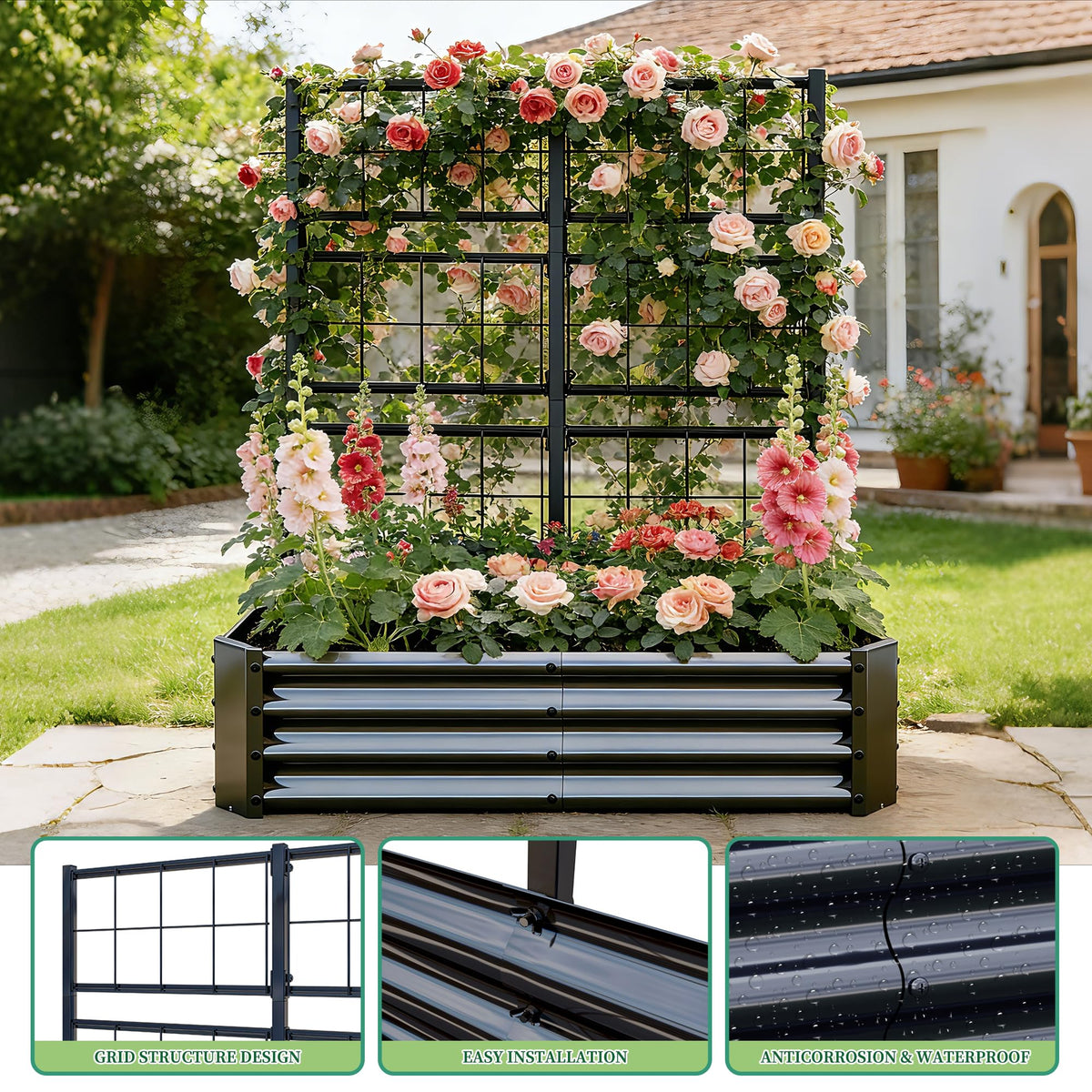 4x2x1FT Galvanized Raised Garden Bed with Arch Trellis – Black, view 6