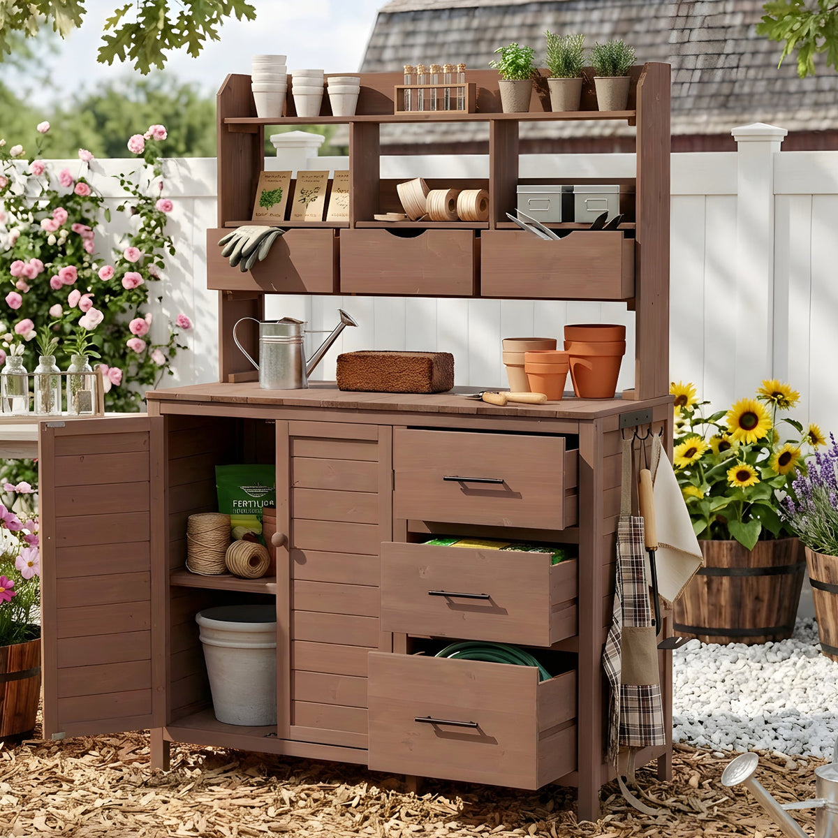 TOPMAX Farmhouse Patio Potting Bench with Storage and Workstation, view 2