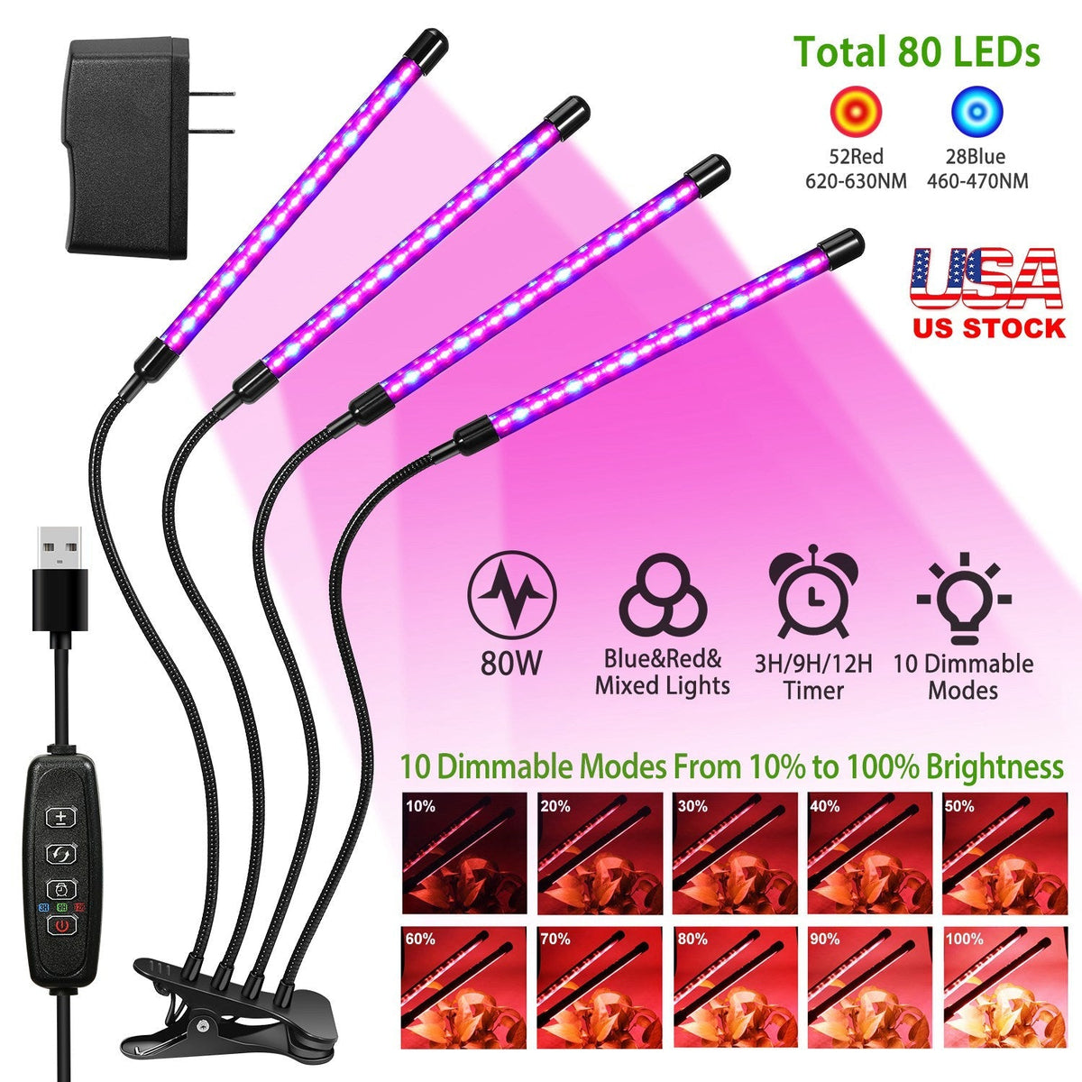 Grow Lights for Indoor Plants, iMounTEK 80W 80 LEDs Plant Lights with Red Blue Full Spectrum 10 Dimmable, view 6