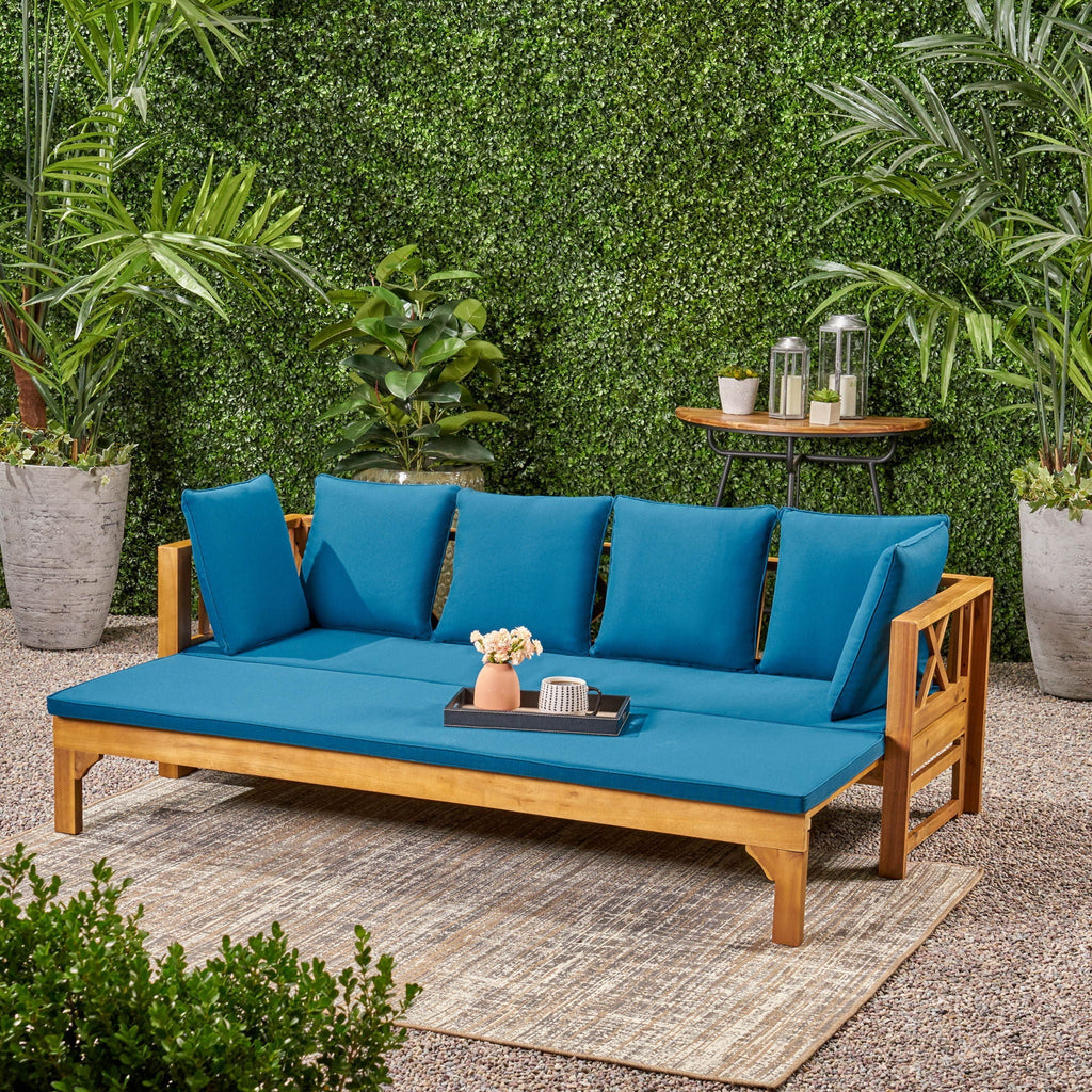 Outdoor Daybed With X-Shaped Panel Backrest And Armrests - Teak, view 2