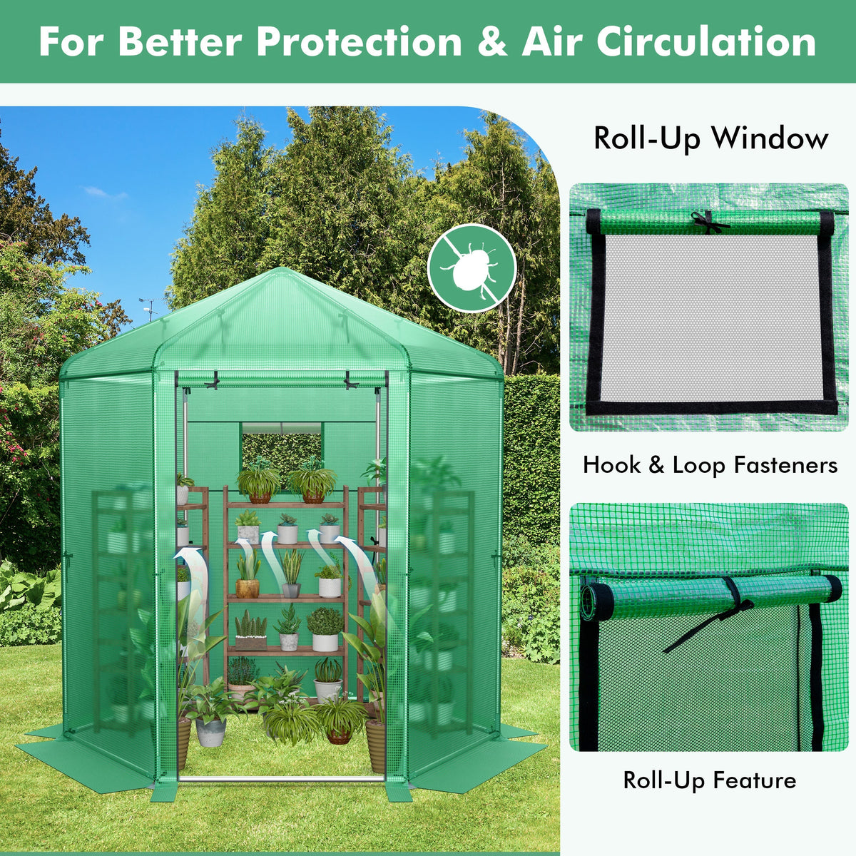 Walk-In Hexagonal Greenhouse with PE Cover and Metal Frame, view 7