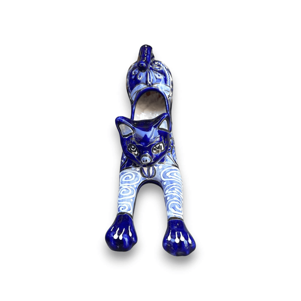 Blue Talavera Stretching Cat Planter | Mexican Folk Art Decor, view 3
