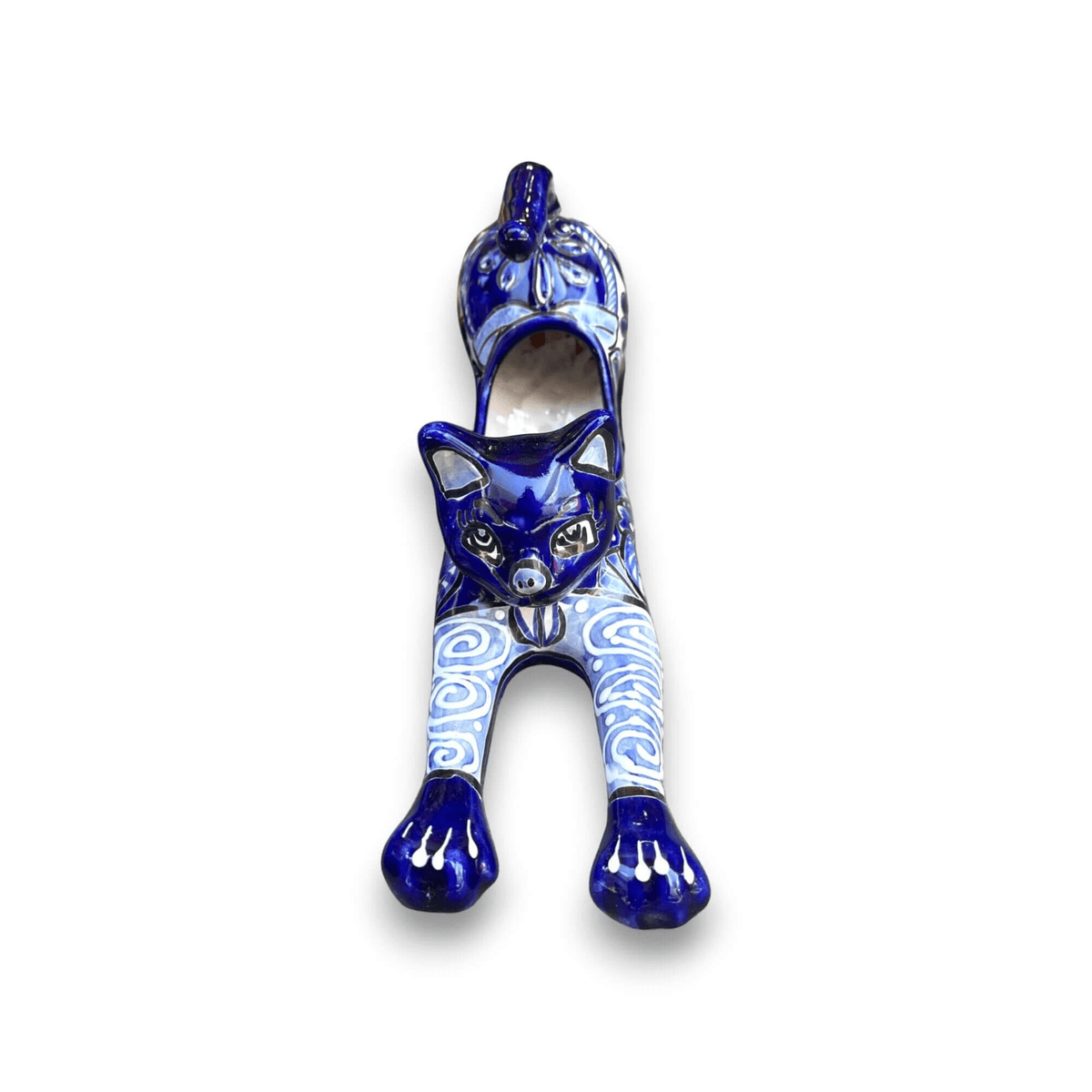 Blue Talavera Stretching Cat Planter | Mexican Folk Art Decor, view 3