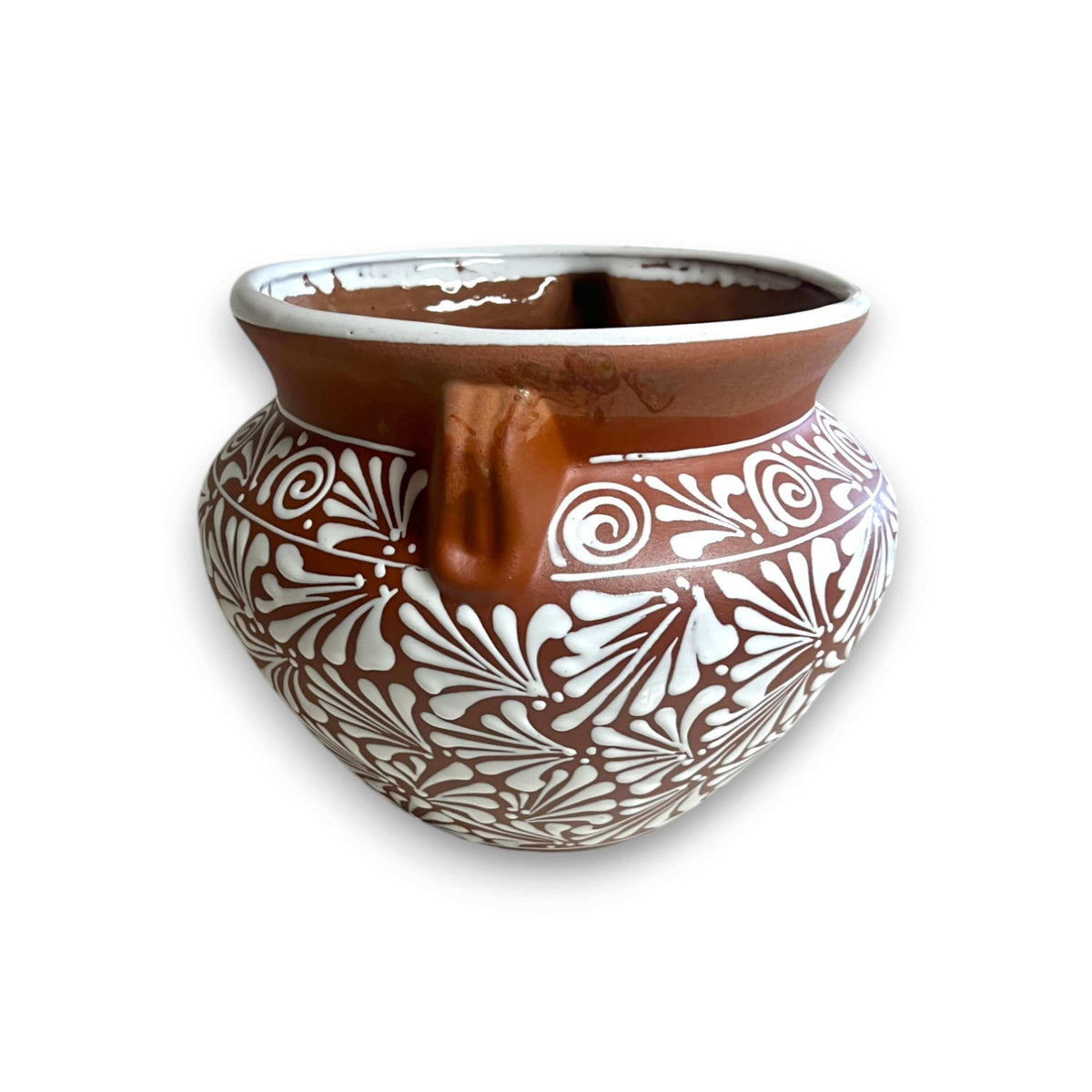 Terracotta Talavera Flower Pot | Brown & White Mexican Planter, view 4