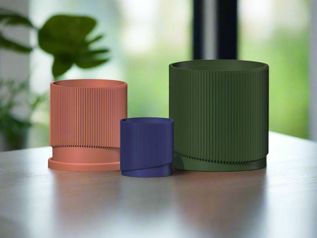 Mid-Century Ribbed Planter with Drainage and Saucer in Multiple Colors, 3D Printed Planter with Unique, view 13