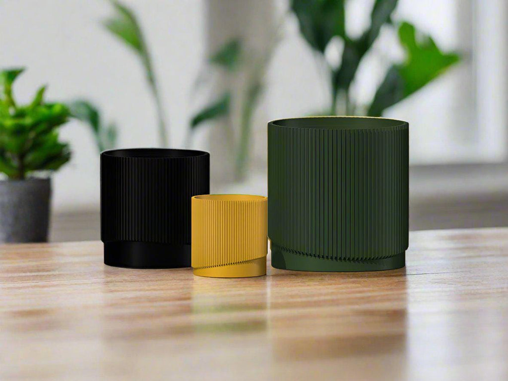 Mid-Century Ribbed Planter with Drainage and Saucer in Multiple Colors, 3D Printed Planter with Unique, view 15
