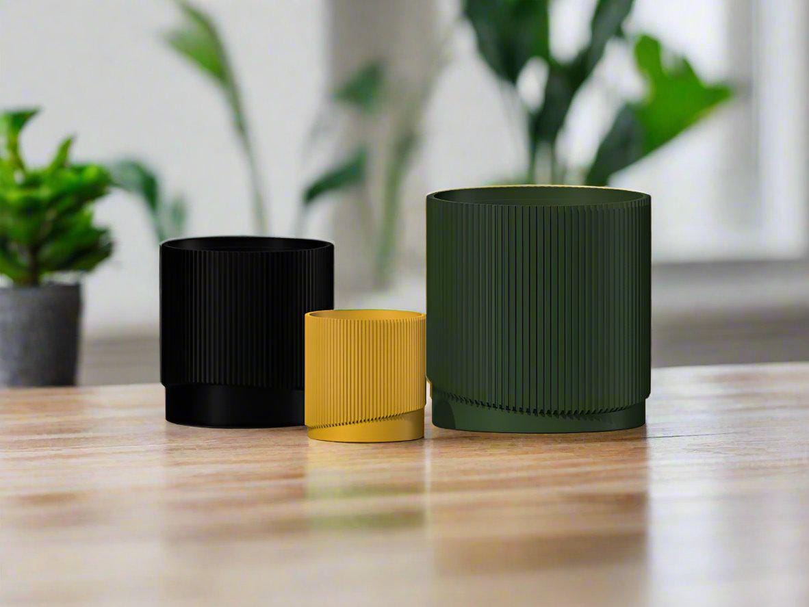 Mid-Century Ribbed Planter with Drainage and Saucer in Multiple Colors, 3D Printed Planter with Unique, view 15