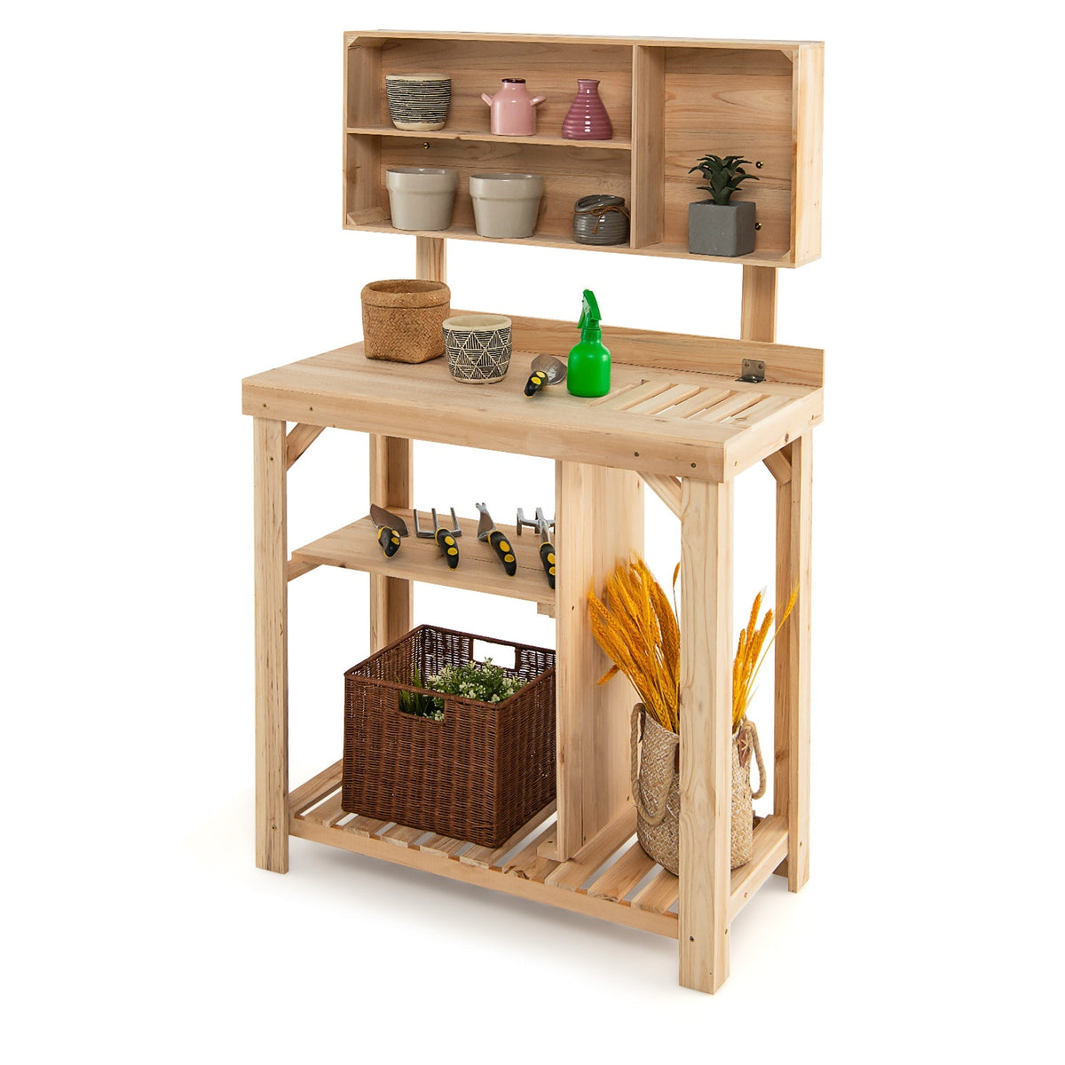 Garden Wooden Potting Table Workstation with Storage Shelf, view 4